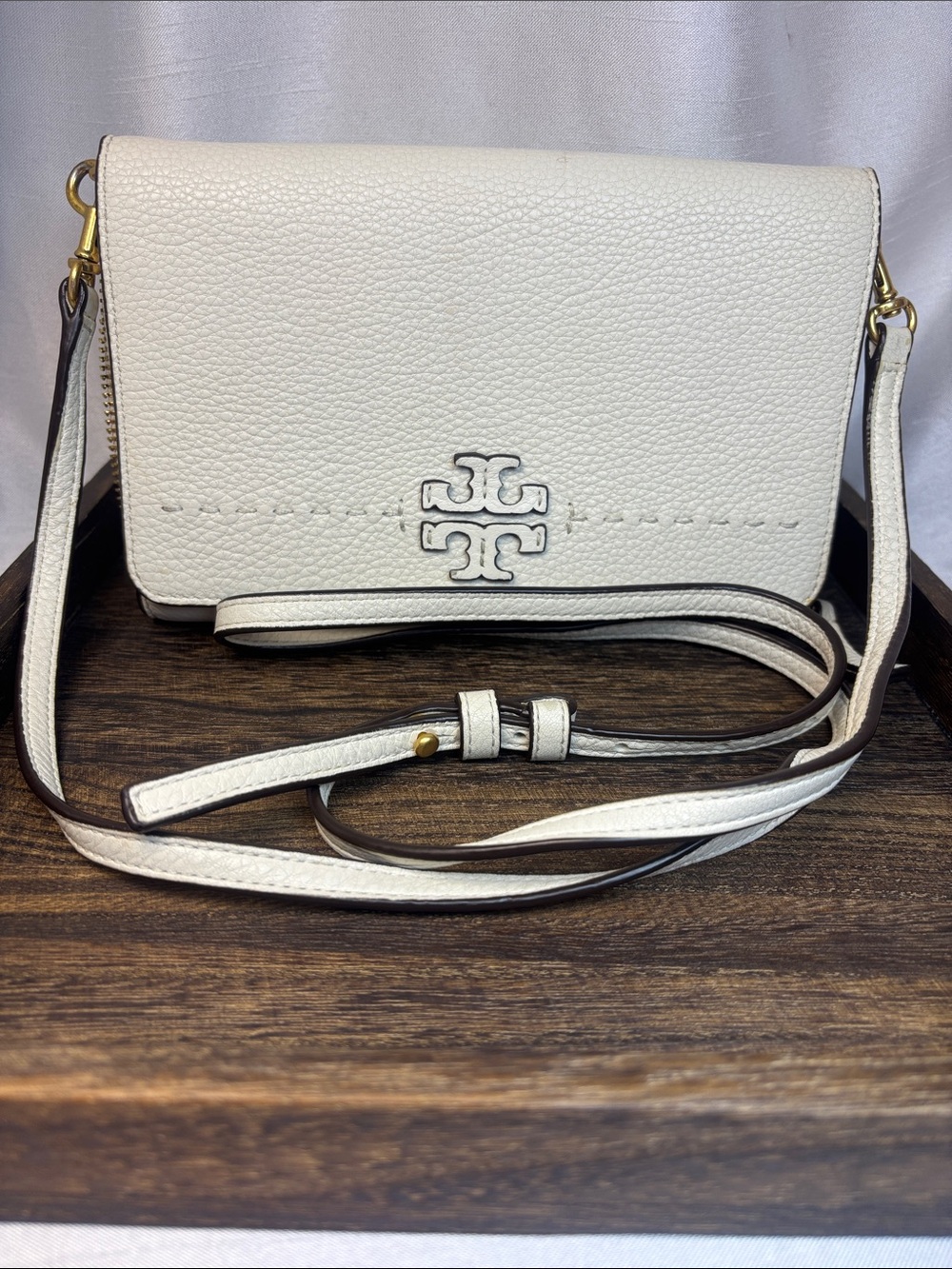 Tory Burch Cream Pebbled Leather Crossbody with Logo